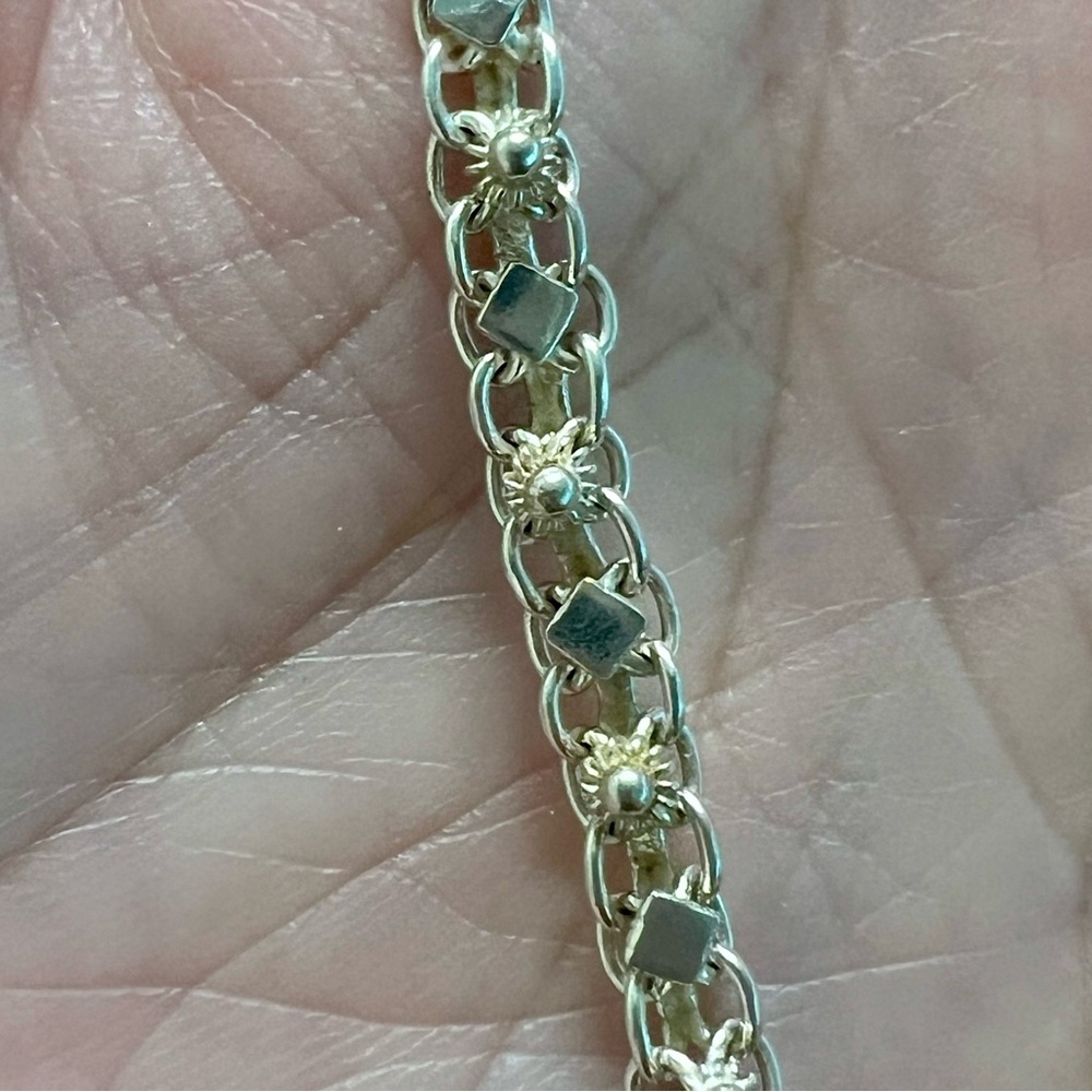 925 Sterling Silver Double Linked Square &‎ Sun Bracelet Signed 7.25”